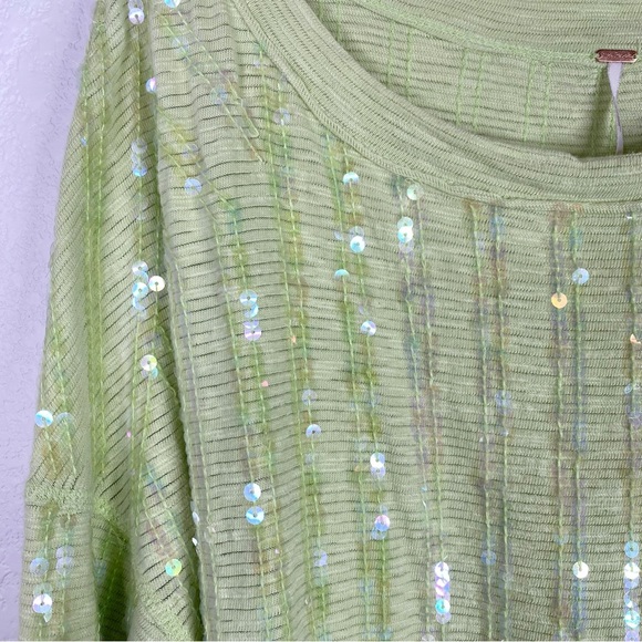 Free People Green Iridescent Sequin Pullover Long Sleeve Top - Picture 3 of 5